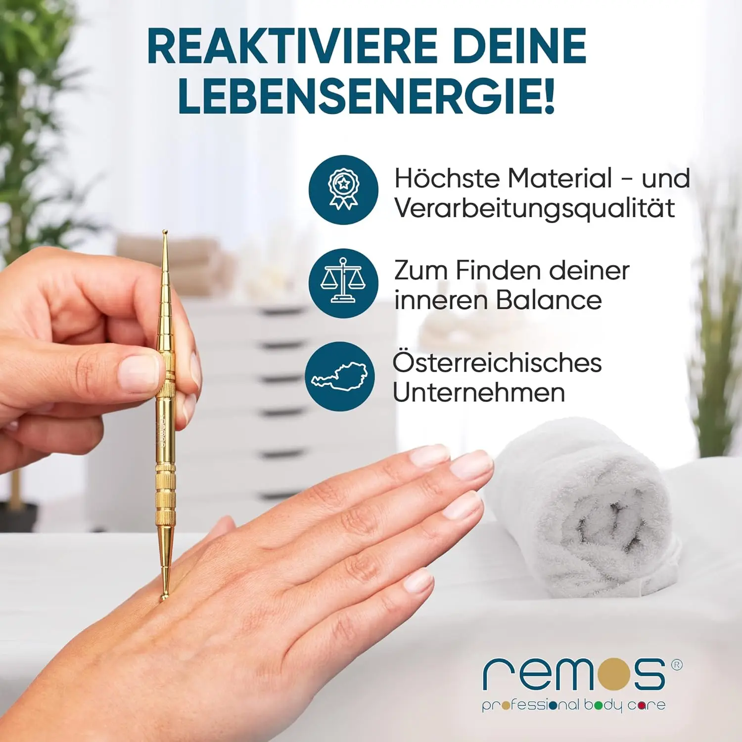 This gold-plated stainless steel acupressure pen with two ball sizes is perfect for scar treatment, tension, and adhesion relief with secure grip.