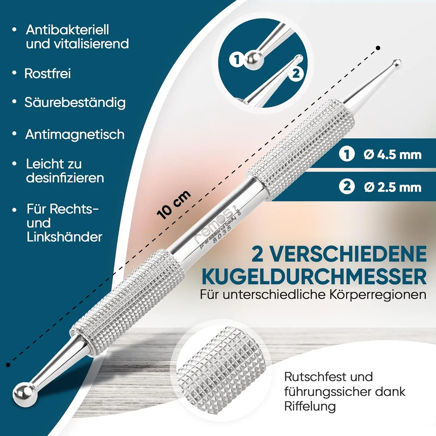 This stainless steel acupressure pen features two ball sizes for targeted scar and adhesion treatment, and its grooved handle ensures a secure grip.
