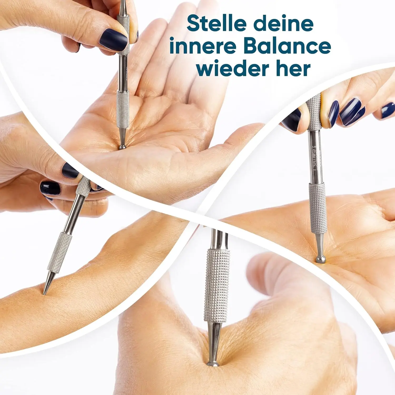 This stainless steel acupressure pen features two ball sizes for targeted scar and adhesion treatment, and its grooved handle ensures a secure grip.
