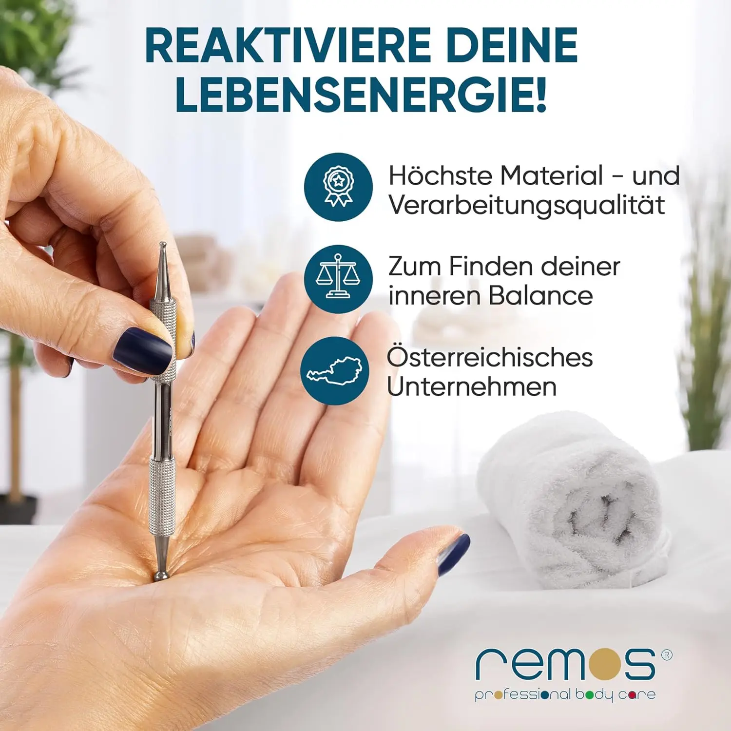 This stainless steel acupressure pen features two ball sizes for targeted scar and adhesion treatment, and its grooved handle ensures a secure grip.