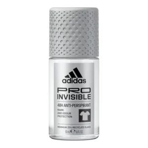 Adidas Pro Invisible roll-on deodorant offering 48-hour protection with a woody citrus scent and a stain-free, alcohol-free vegan formula.