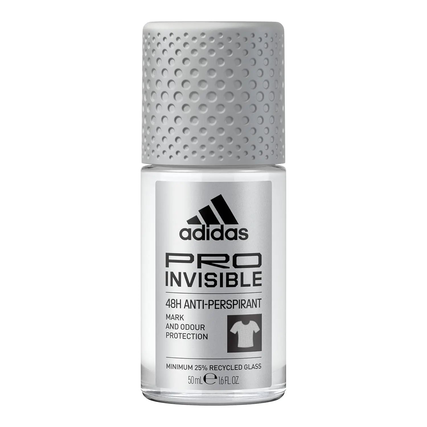 Adidas Pro Invisible roll-on deodorant offering 48-hour protection with a woody citrus scent and a stain-free, alcohol-free vegan formula.