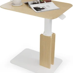This adjustable side table features a maple wood surface and white steel frame, offering a compact and ergonomic design ideal for small spaces as a laptop desk or bedside table.