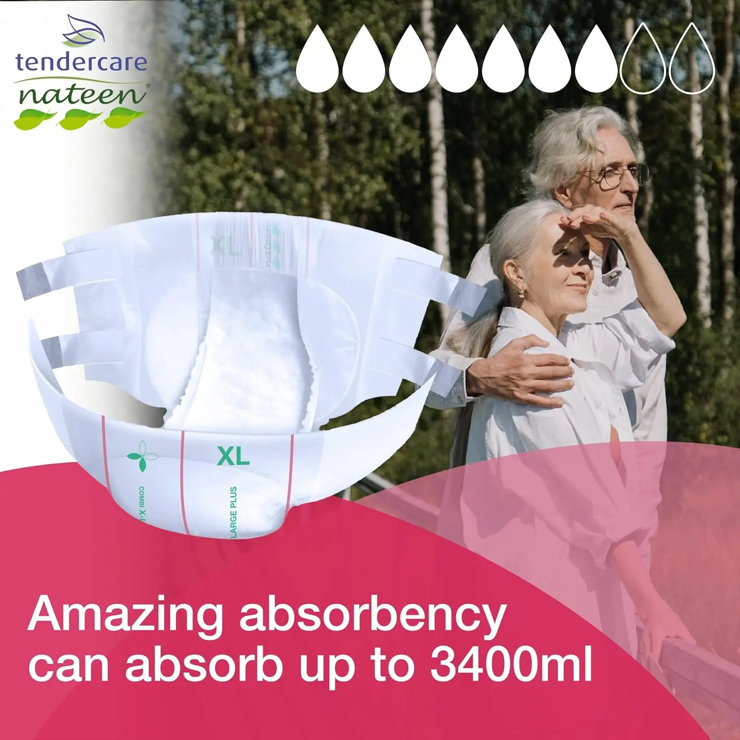 Forty extra large Tendercare-Nateen Day Plus adult incontinence nappies, size large with 3400ml absorbency, discreetly packaged.