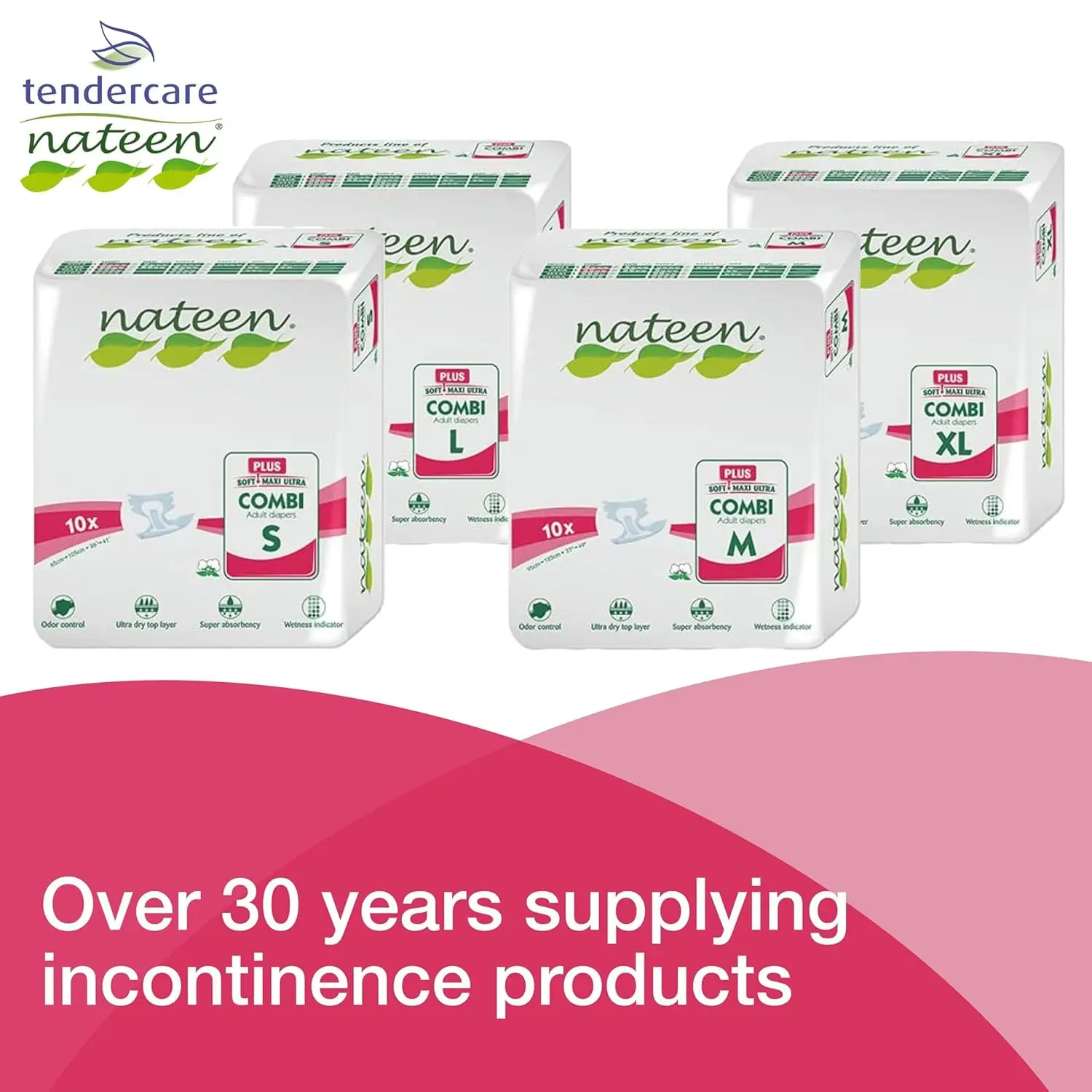 Forty extra large Tendercare-Nateen Day Plus adult incontinence nappies, size large with 3400ml absorbency, discreetly packaged.