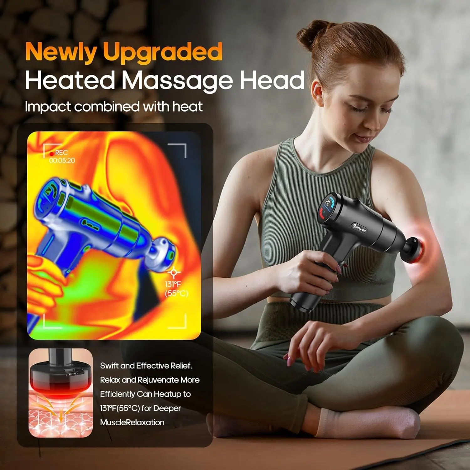 Black AERLANG massage gun with heat function provides deep tissue muscle relief with 20 adjustable speeds for athletes and family.