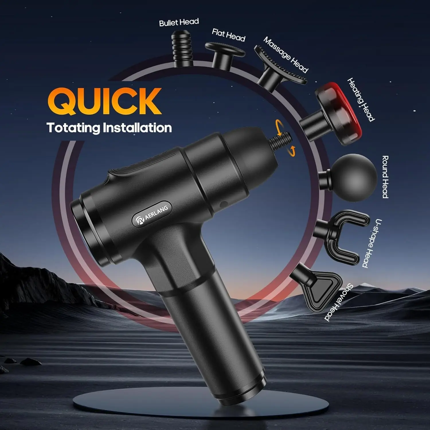 Black AERLANG massage gun with heat function provides deep tissue muscle relief with 20 adjustable speeds for athletes and family.