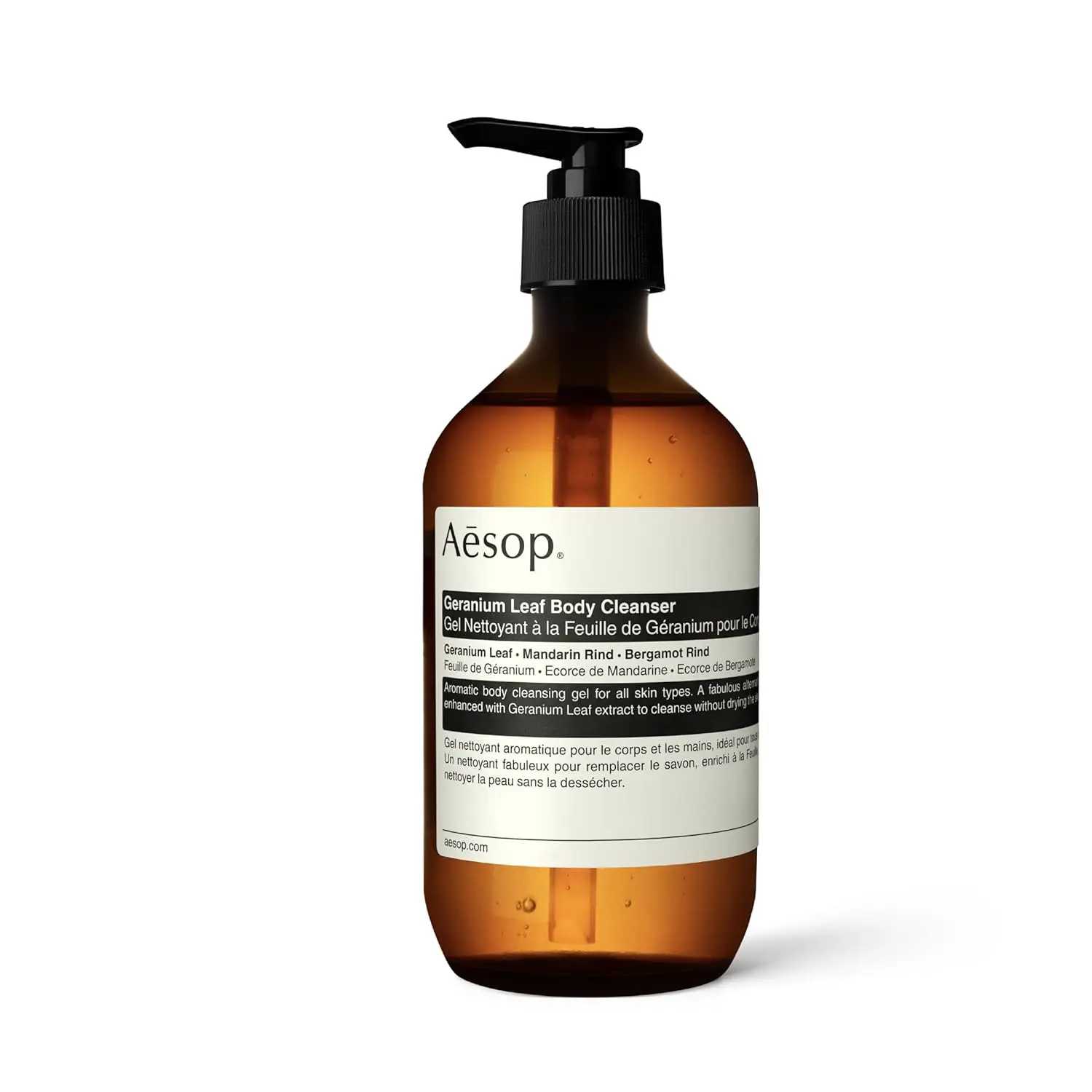 A 16.9 ounce bottle of Aesop Geranium Leaf Body Cleanser, a gentle gel cleanser with mandarin and bergamot oils to refresh skin.