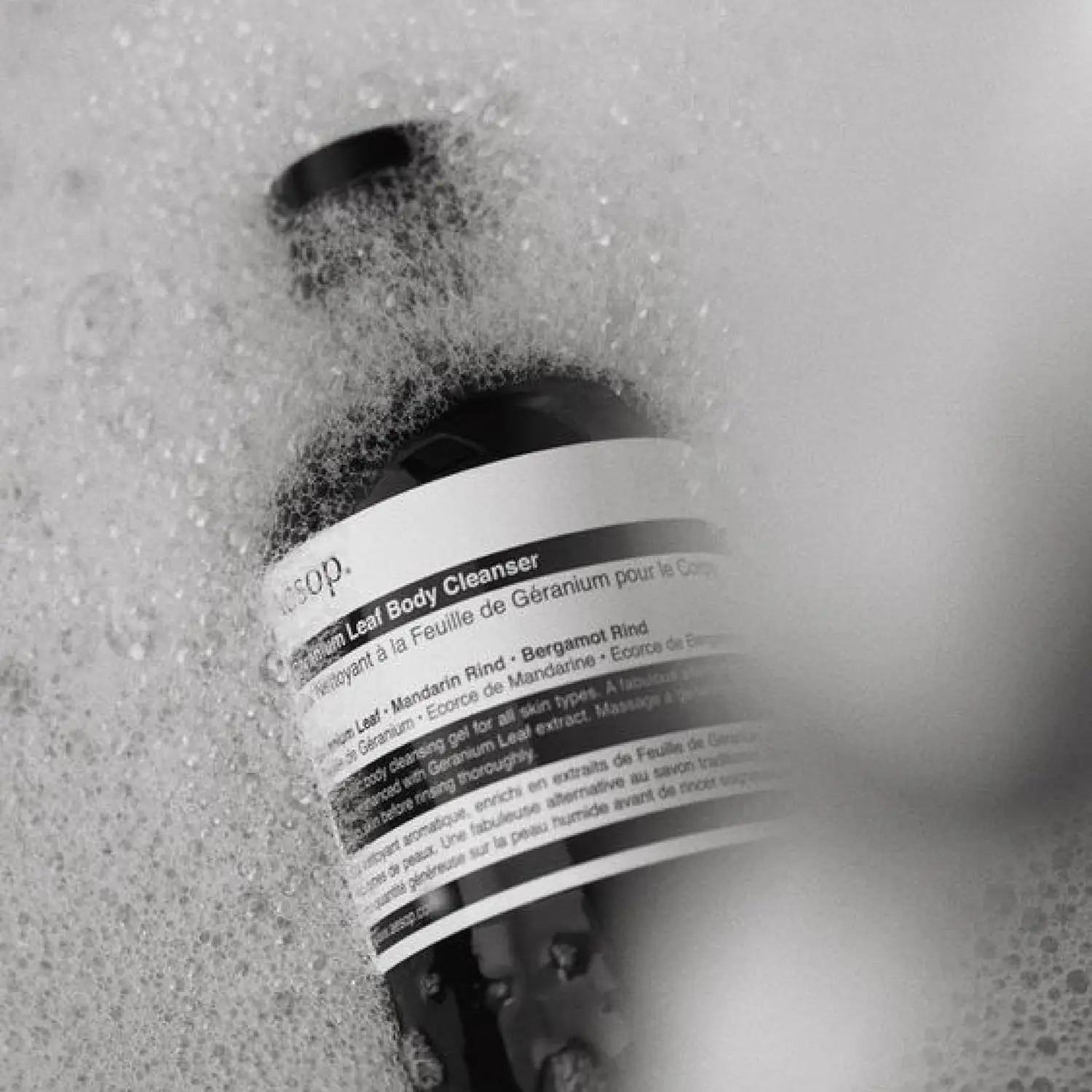 A 16.9 ounce bottle of Aesop Geranium Leaf Body Cleanser, a gentle gel cleanser with mandarin and bergamot oils to refresh skin.