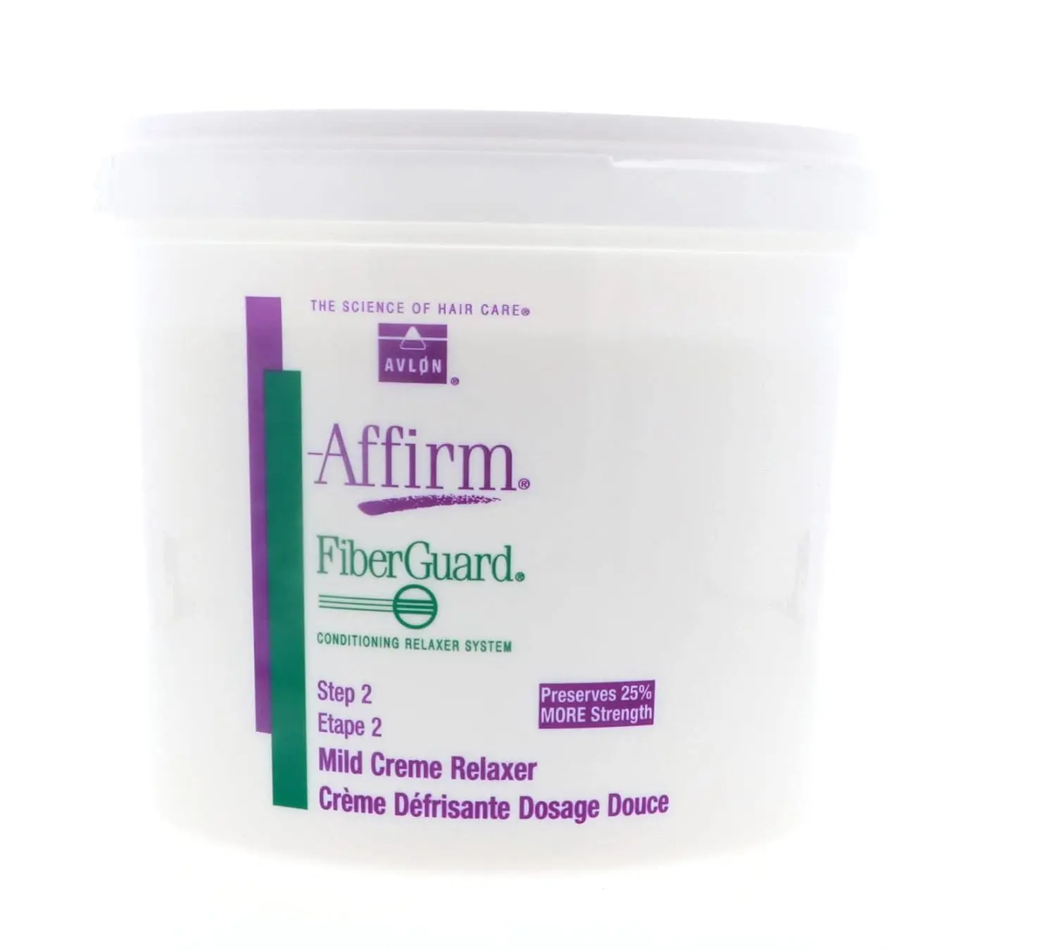A four-pound tub of Affirm Fiberguard Mild Creme Relaxer, a step 2 conditioning relaxer system intended for professional salon use only.