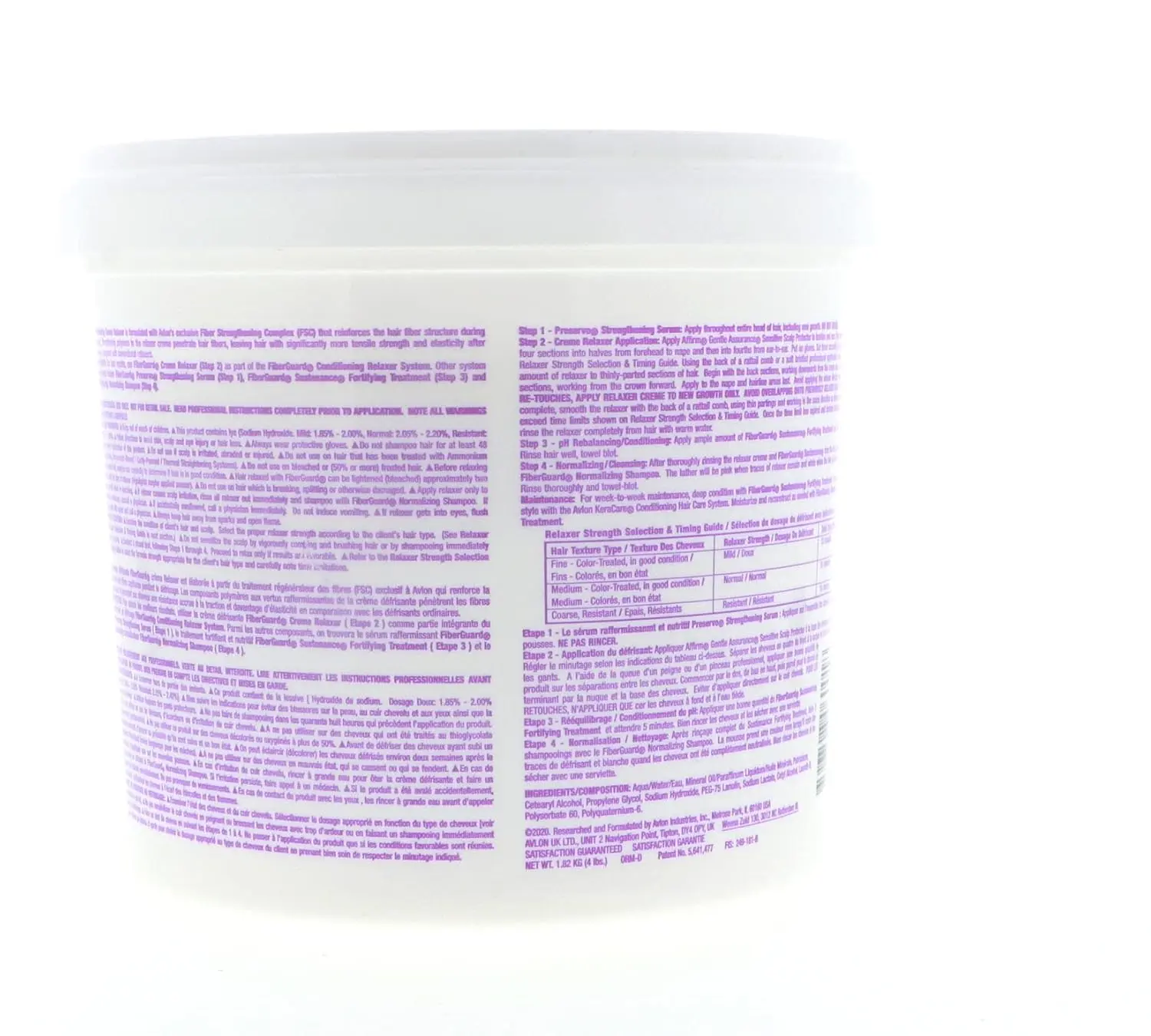 A four-pound tub of Affirm Fiberguard Mild Creme Relaxer, a step 2 conditioning relaxer system intended for professional salon use only.