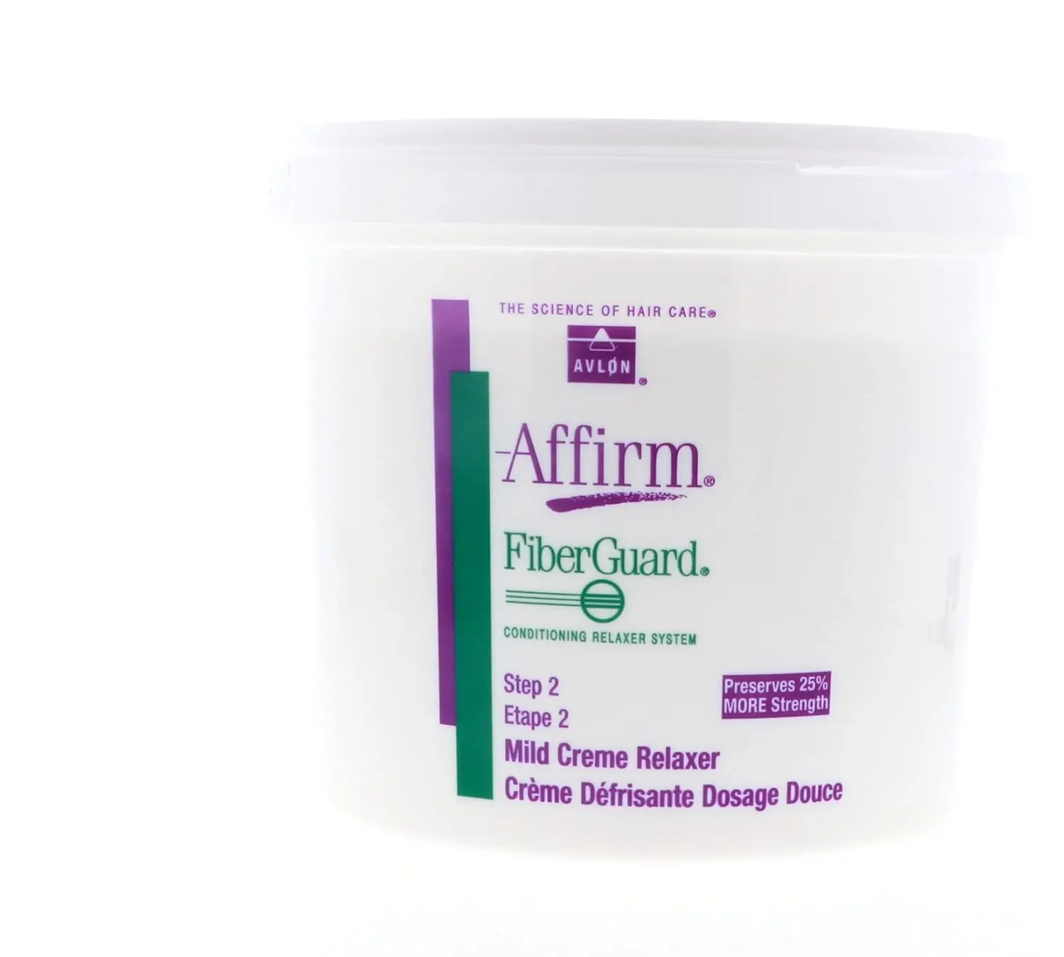 A four-pound tub of Affirm Fiberguard Mild Creme Relaxer, a step 2 conditioning relaxer system intended for professional salon use only.