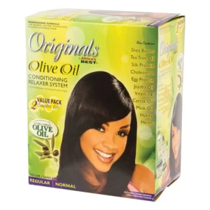 Africa's Best Organics Olive Oil Conditioning Relaxer System, a no-lye value pack in regular strength, is designed for hair care and relaxing.