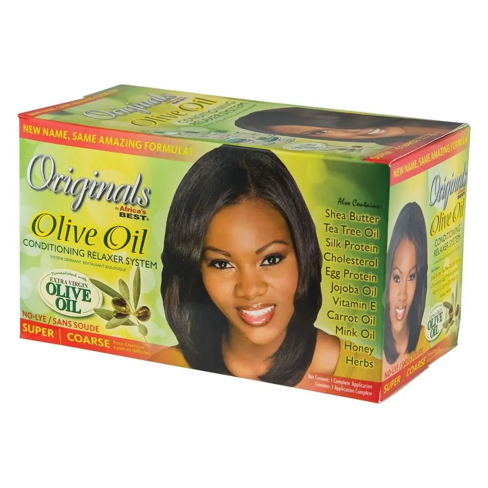 Africa's Best Organics no-lye relaxer system with extra virgin olive oil straightens coarse resistant hair for silky smooth, healthy results, made in the USA.