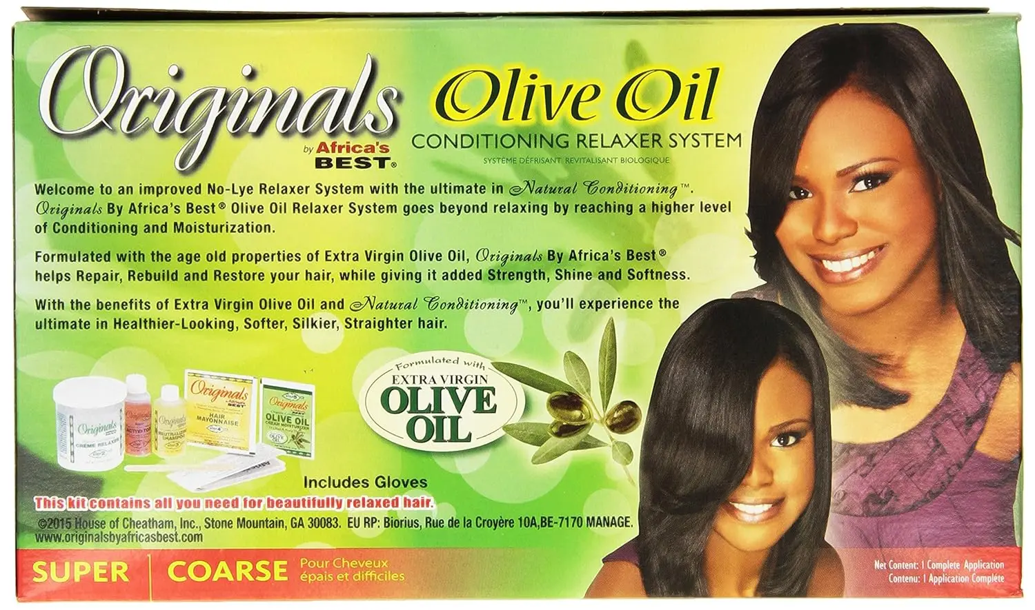 Africa's Best Organics no-lye relaxer system with extra virgin olive oil straightens coarse resistant hair for silky smooth, healthy results, made in the USA.