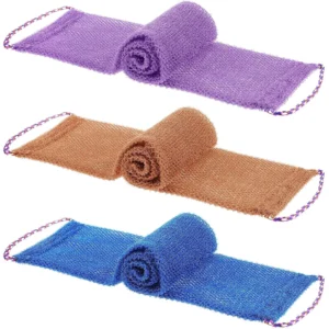 This set includes three colorful African exfoliating bath nets with hand ropes, perfect for effectively and comfortably cleansing and smoothing skin.