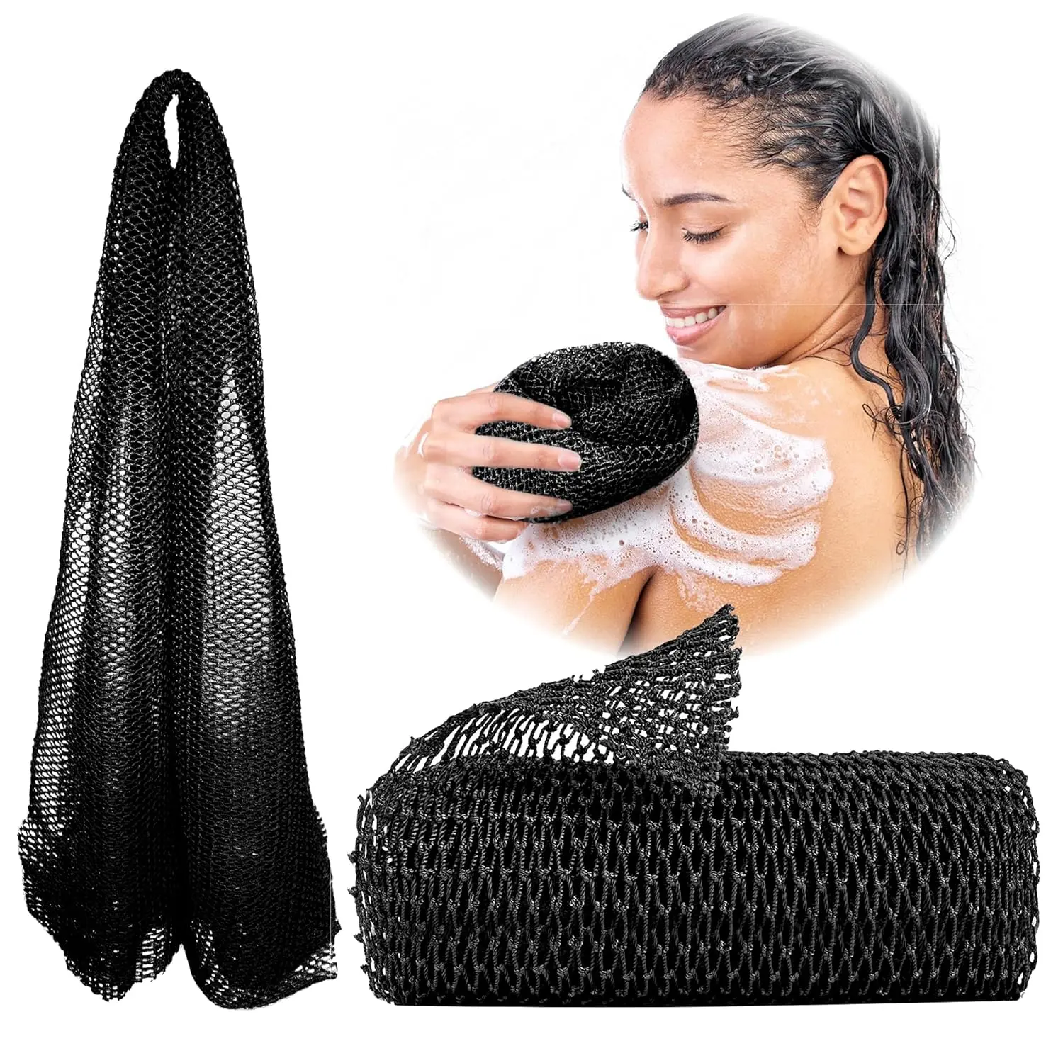This black African net sponge is a long, exfoliating bath and shower body scrubber that effectively removes dead skin and cleanses hard-to-reach areas like the back.
