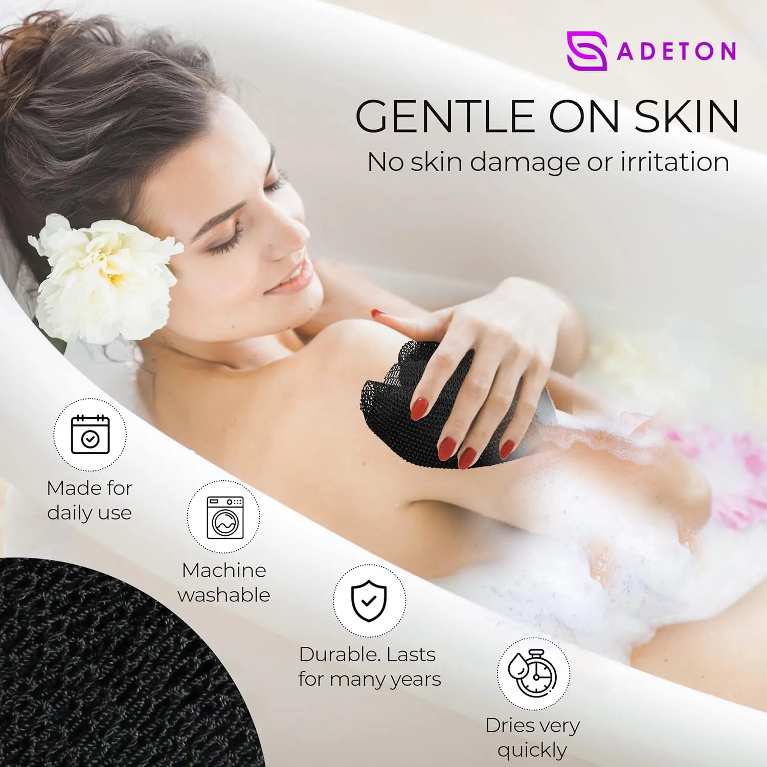 This black African net sponge is a long, exfoliating bath and shower body scrubber that effectively removes dead skin and cleanses hard-to-reach areas like the back.