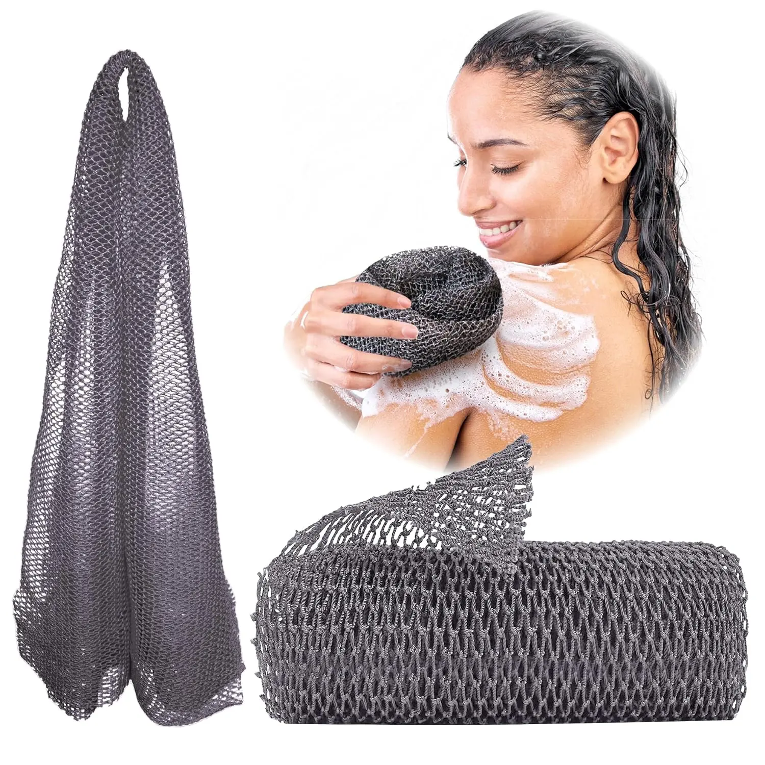 This black African net sponge is a long, exfoliating bath and shower body scrubber that effectively removes dead skin and cleanses hard-to-reach areas like the back.