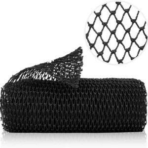 A black African net sponge bath cloth used for exfoliating skin in the shower.