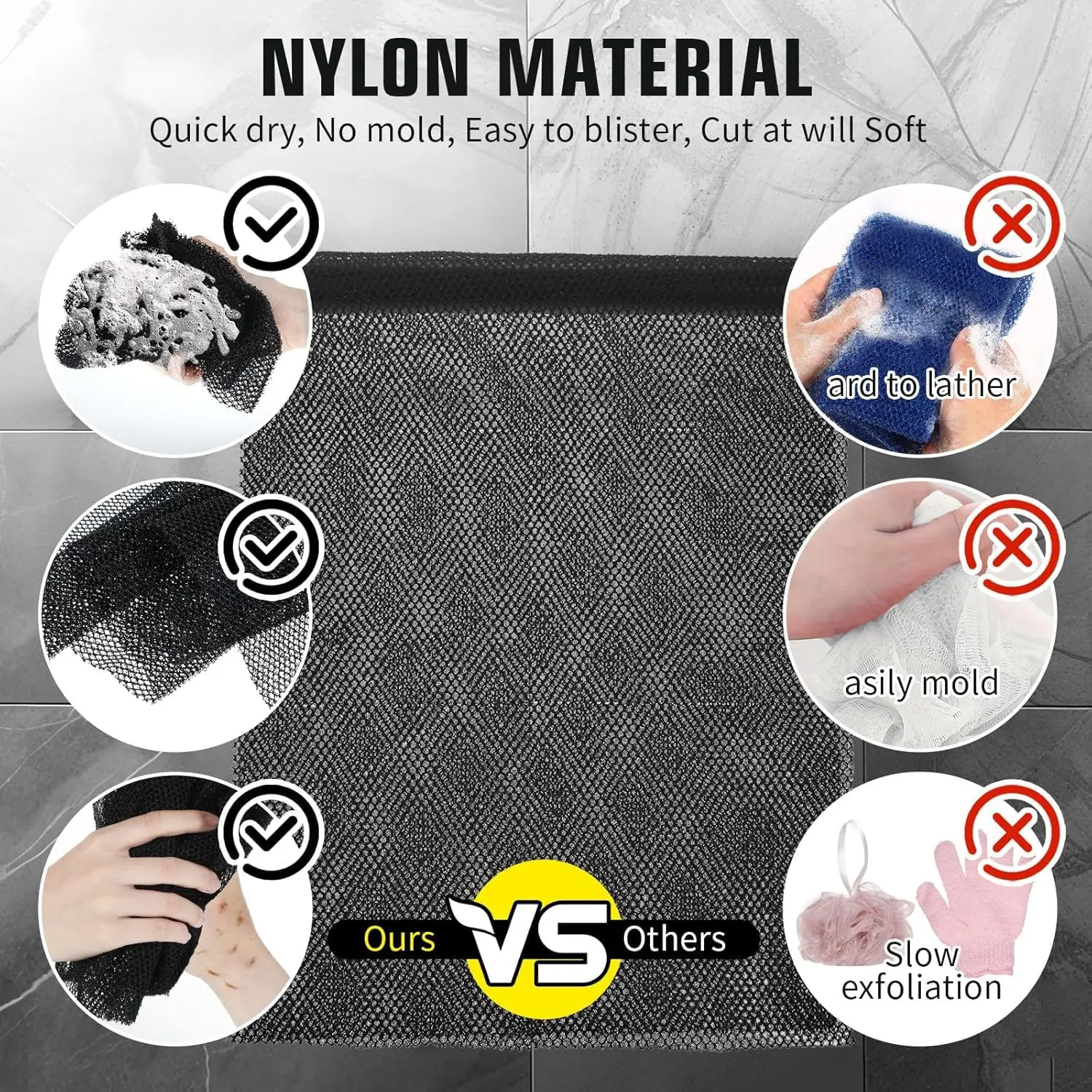 A black African net sponge bath cloth used for exfoliating skin in the shower.