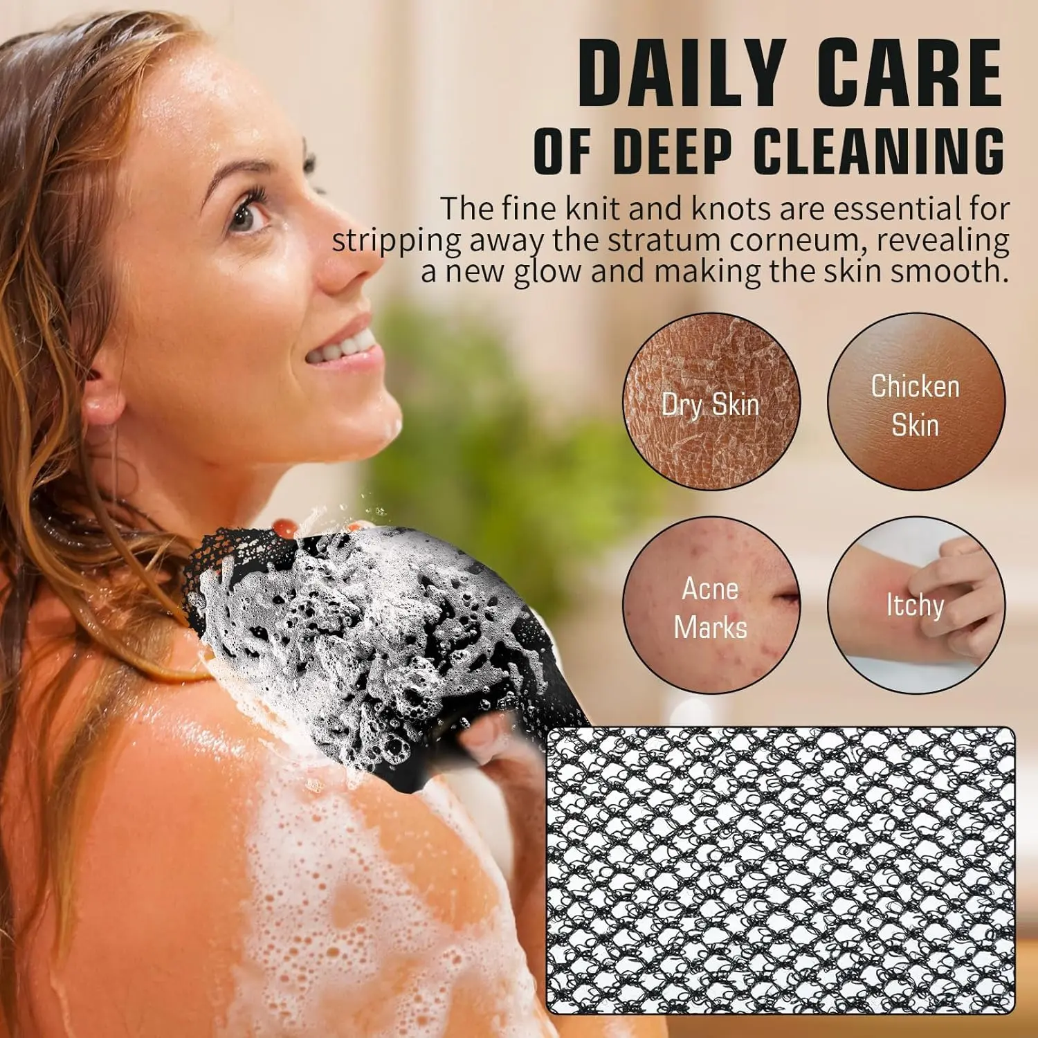 A black African net sponge bath cloth used for exfoliating skin in the shower.
