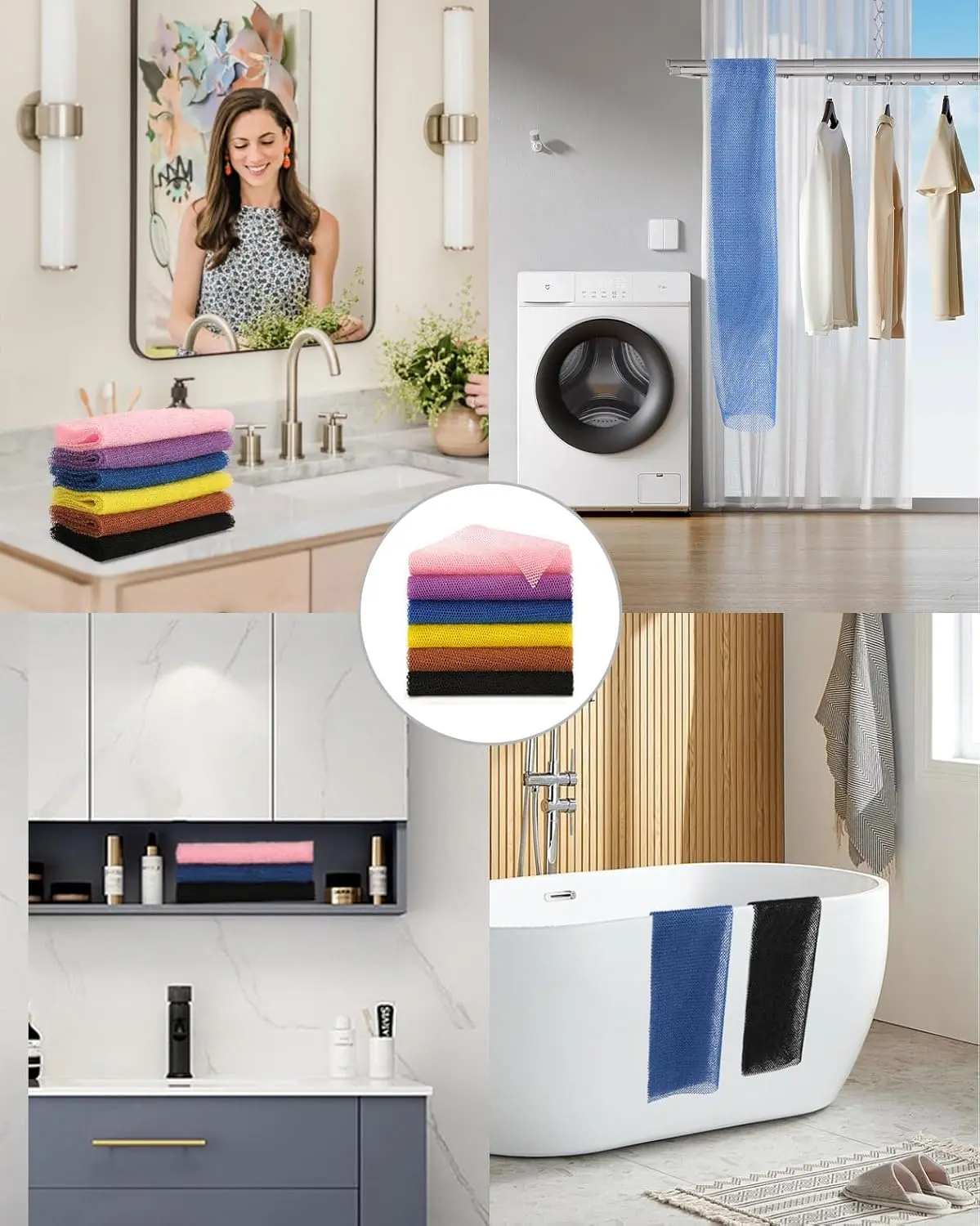 A black African net sponge bath cloth used for exfoliating skin in the shower.