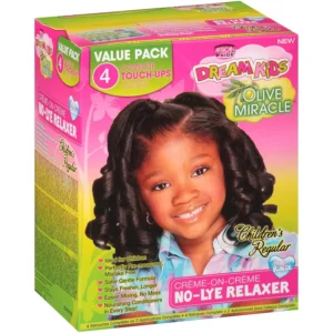 African Pride Dream Kids Olive Miracle Touch-Up Relaxer Regular Value Pack for gentle hair straightening.