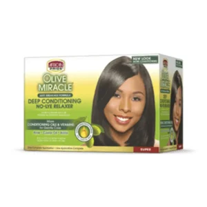 The African Pride Olive Miracle Relaxer Kit deep conditions and moisturizes hair with shea butter and olive oil for softer, straighter, silkier hair with radiant shine.