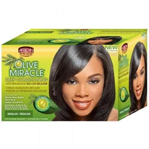 African Pride Olive Miracle Relaxer Kit chemically relaxes and straightens hair while minimizing breakage and conditioning.