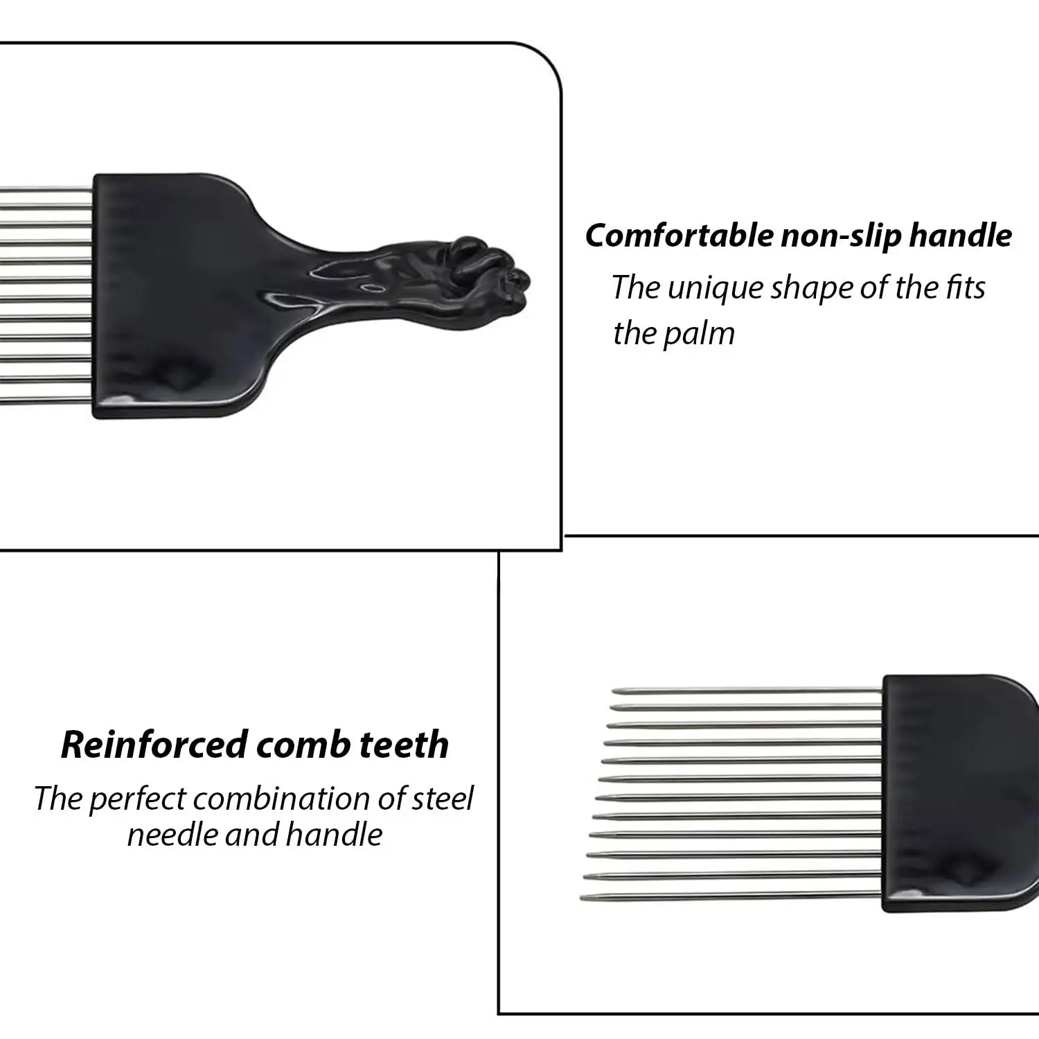 This metal afro pick comb is designed for styling curly hair and creating coils, perfect for achieving your desired Afro hairstyle.