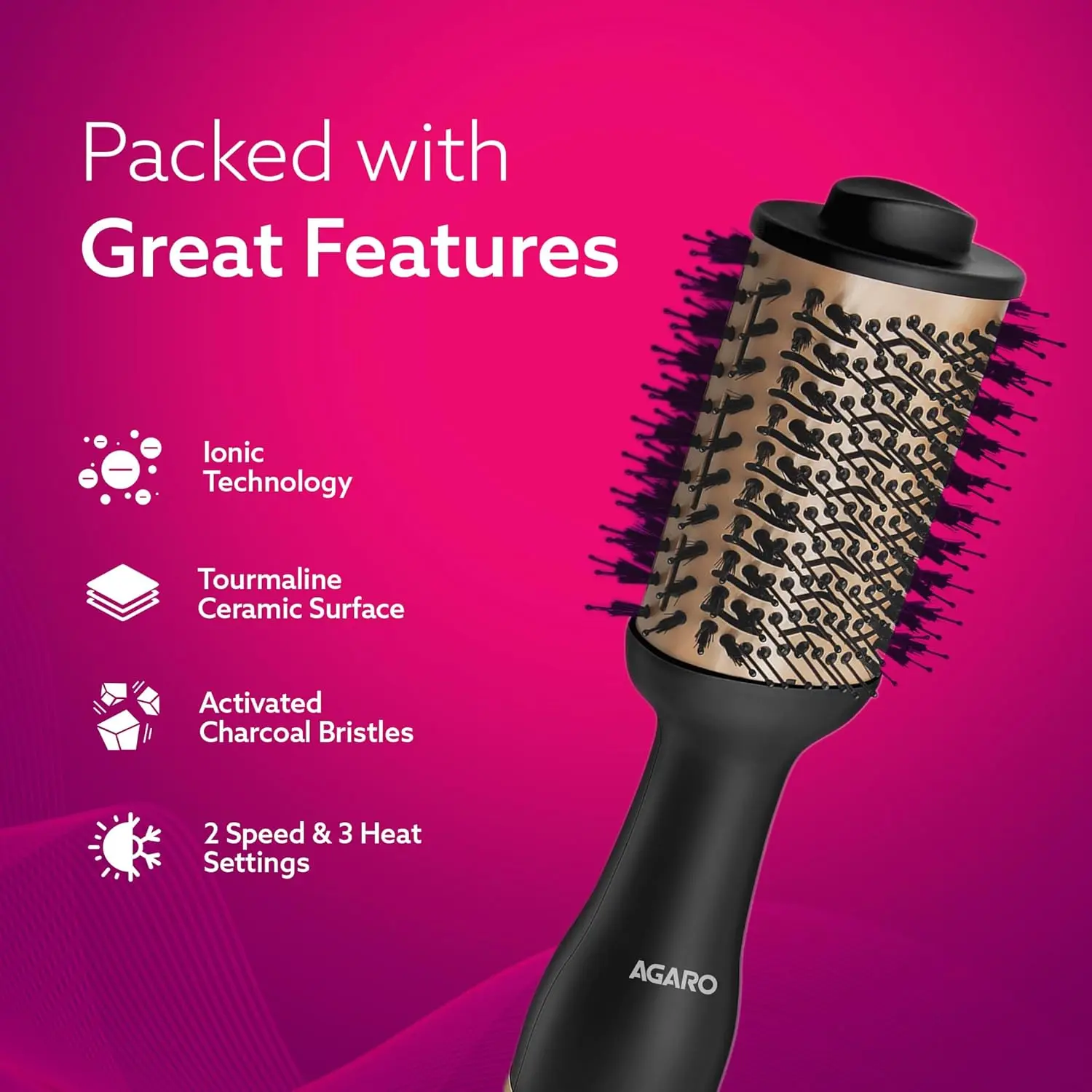 The AGARO volumizer hair dryer features a rose gold and black design with a 24K gold styling surface and a ceramic tourmaline coating brush head for reducing frizz.