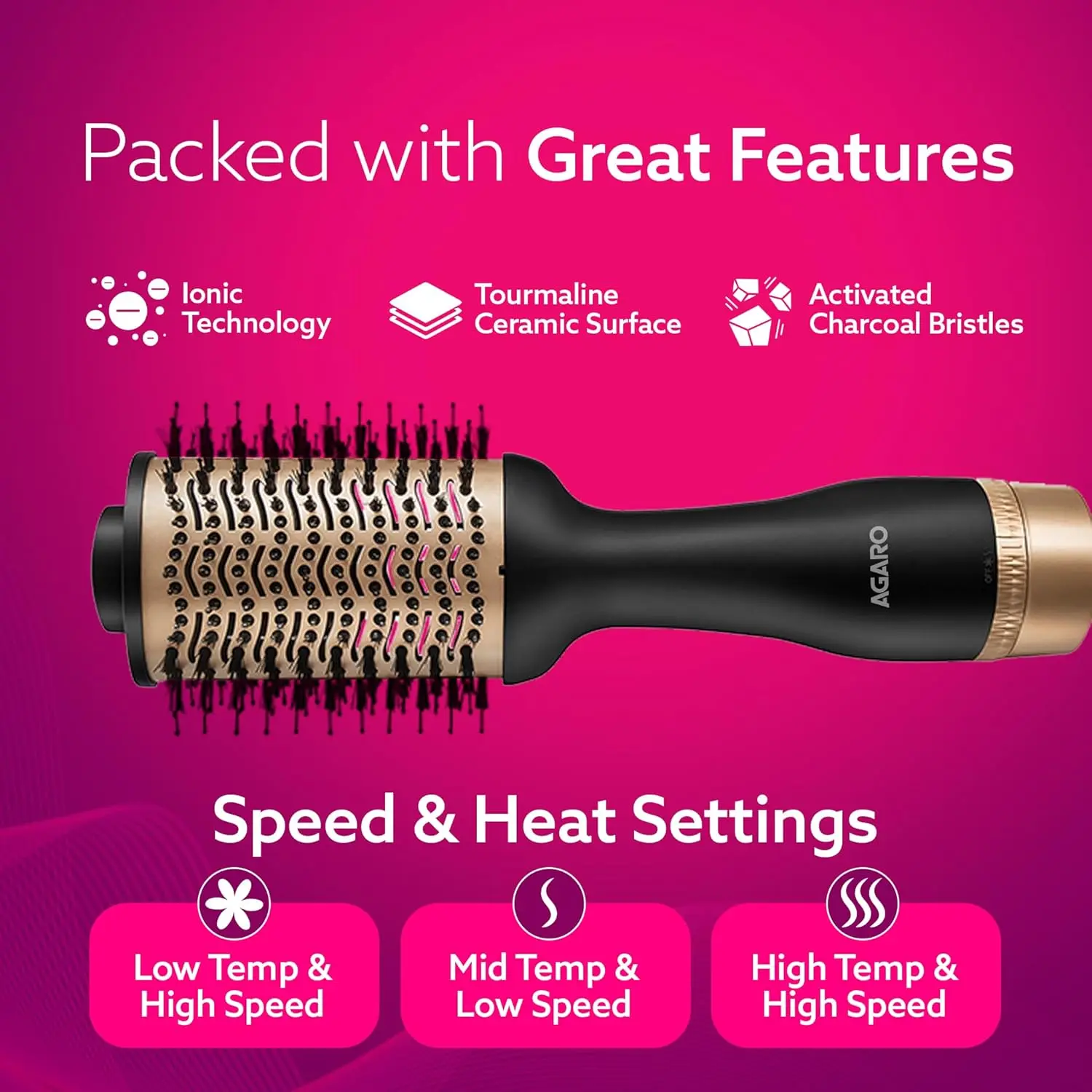 The AGARO volumizer hair dryer features a rose gold and black design with a 24K gold styling surface and a ceramic tourmaline coating brush head for reducing frizz.