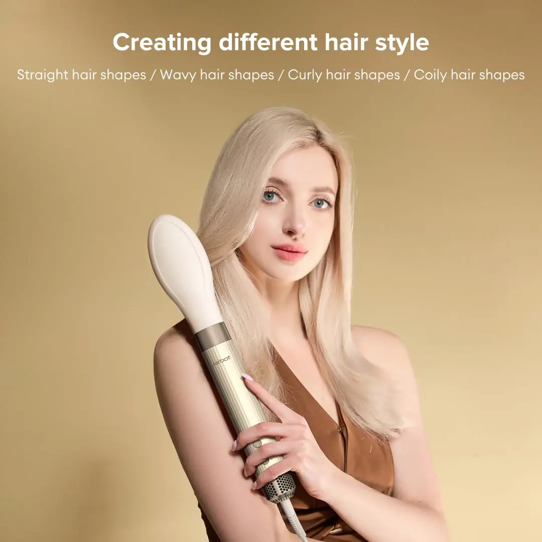 Airbot Hyperstyler gold set for straightening, drying and styling hair, with multiple attachments for creating curls, waves and sleek styles while minimizing frizz and heat damage.