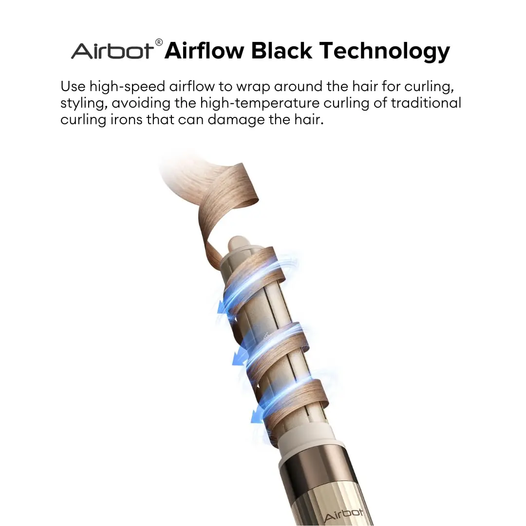 Airbot Hyperstyler gold set for straightening, drying and styling hair, with multiple attachments for creating curls, waves and sleek styles while minimizing frizz and heat damage.