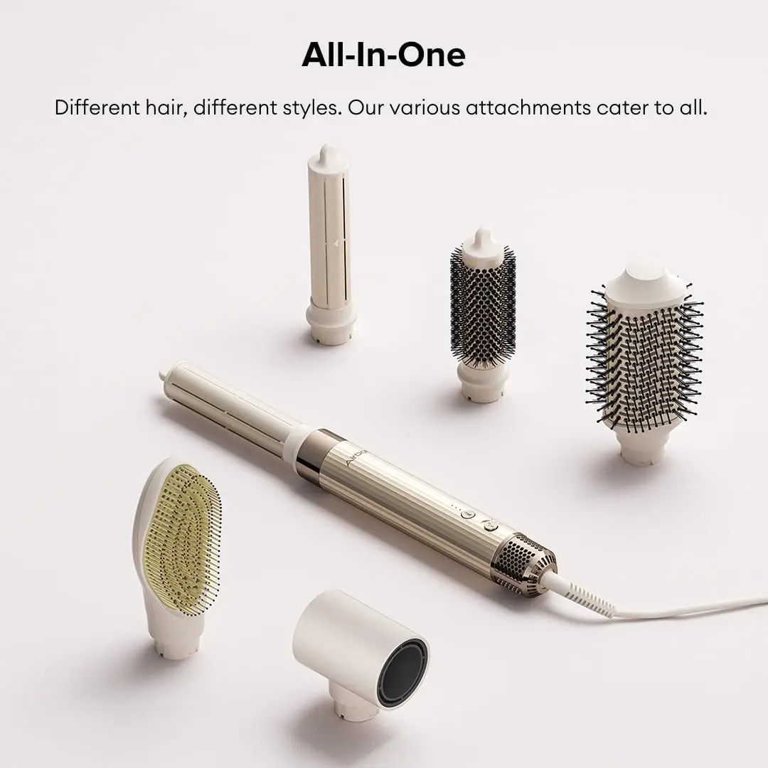 Airbot Hyperstyler gold set for straightening, drying and styling hair, with multiple attachments for creating curls, waves and sleek styles while minimizing frizz and heat damage.