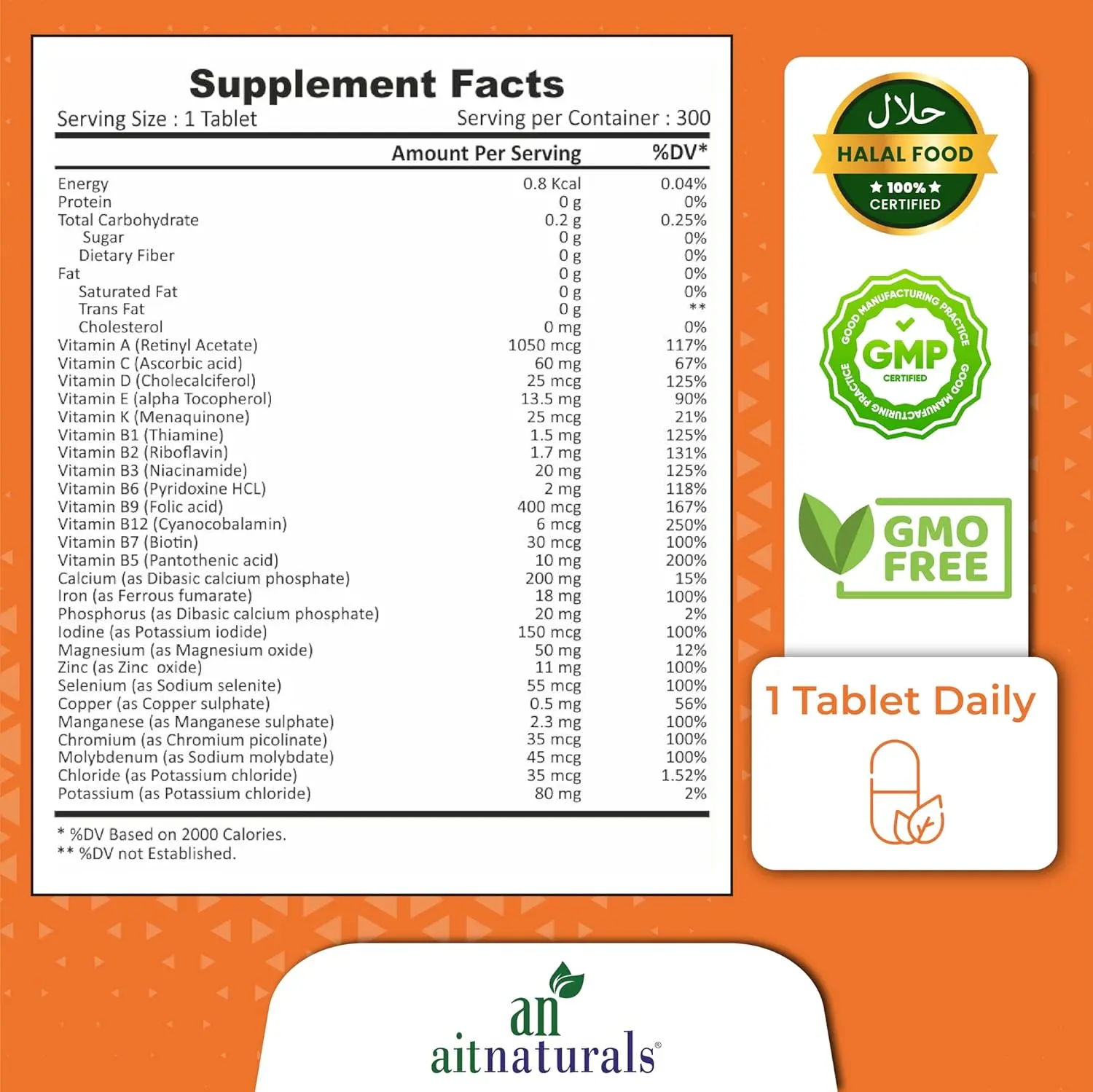 Aitnaturals multivitamin for men and women, containing essential vitamins and minerals to support energy, immunity, and overall health in a convenient tablet form.