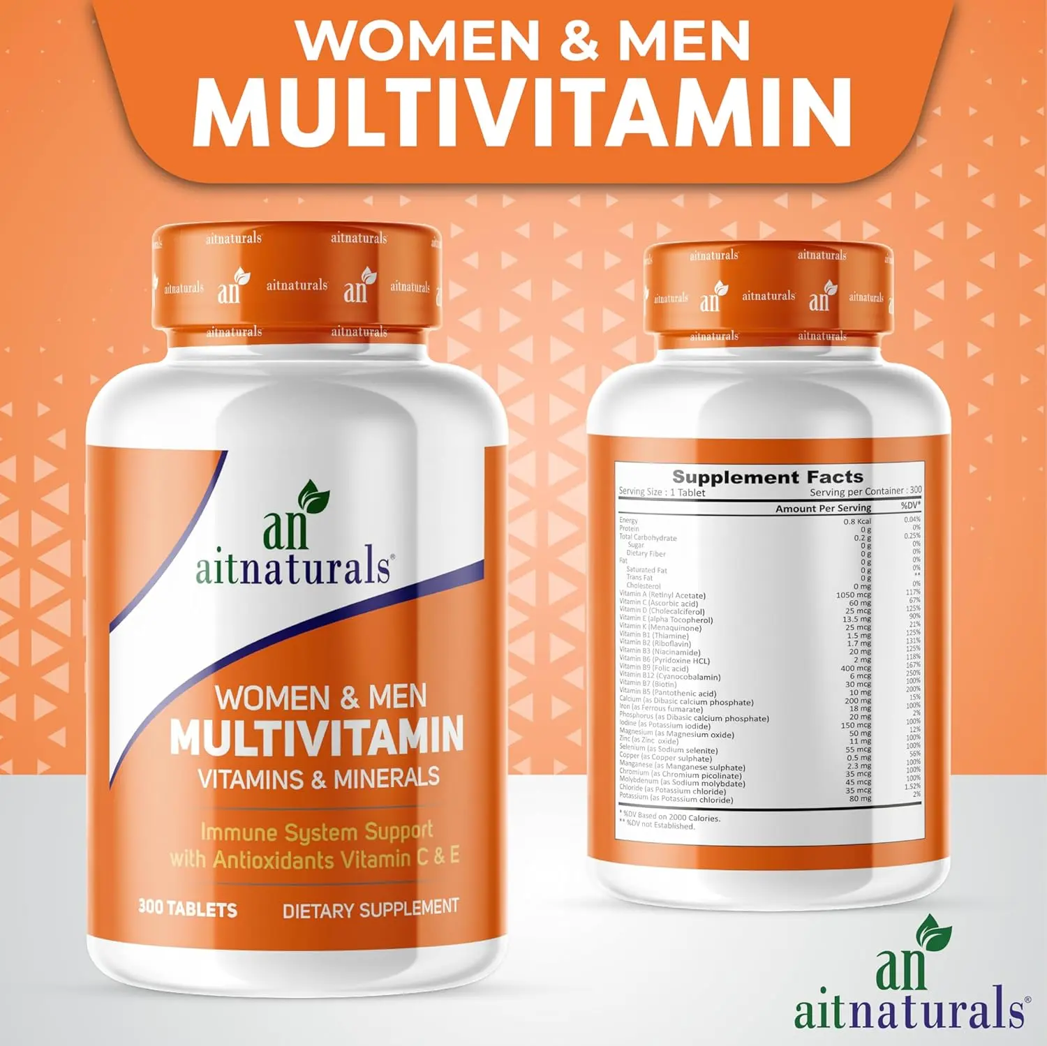 Aitnaturals multivitamin for men and women, containing essential vitamins and minerals to support energy, immunity, and overall health in a convenient tablet form.