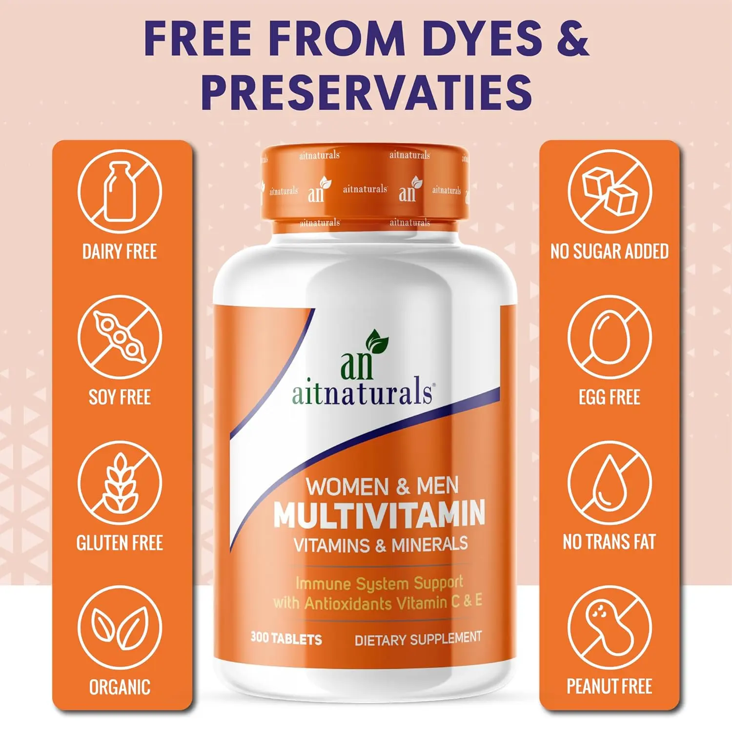 Aitnaturals multivitamin for men and women, containing essential vitamins and minerals to support energy, immunity, and overall health in a convenient tablet form.