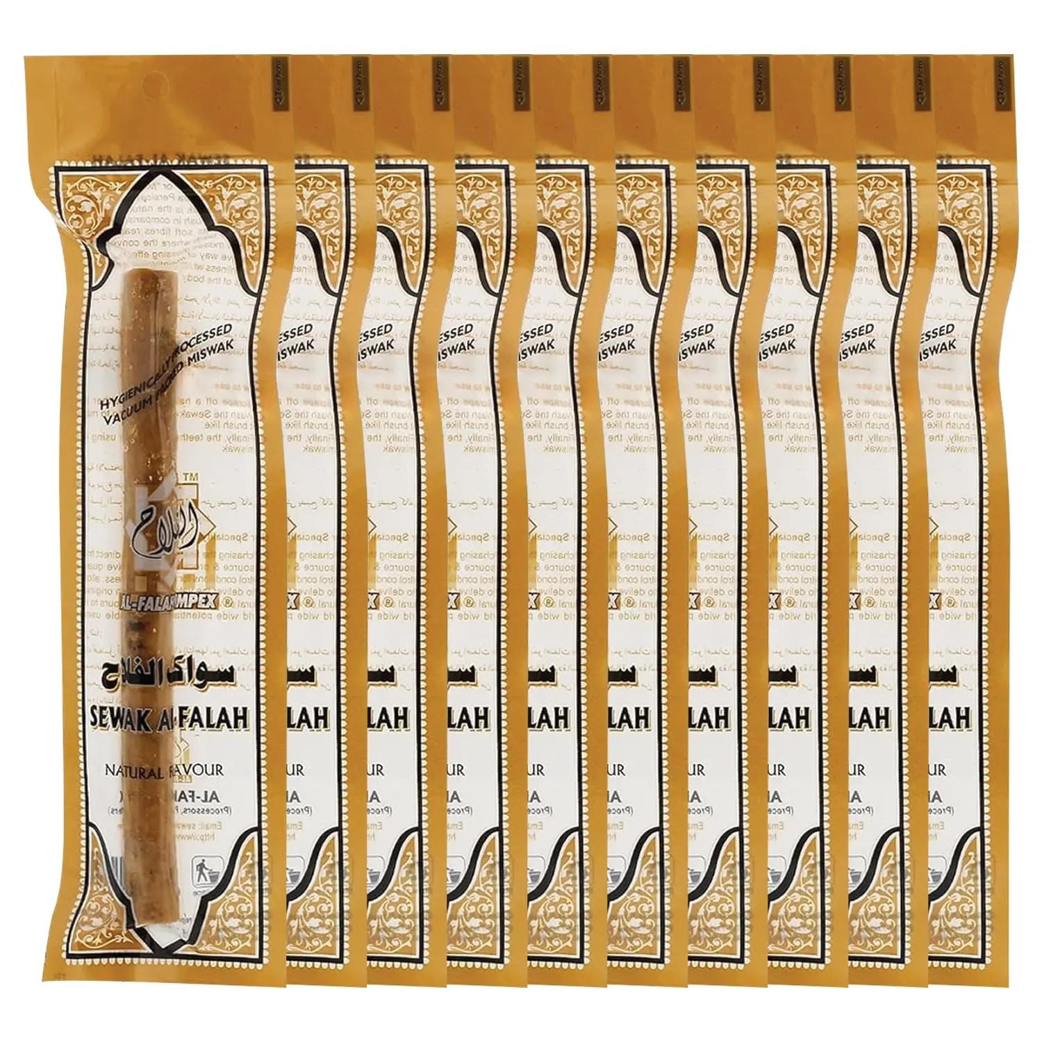 Ten Al Falah miswak sticks, a natural toothbrush alternative, vacuumed and packed for freshness.