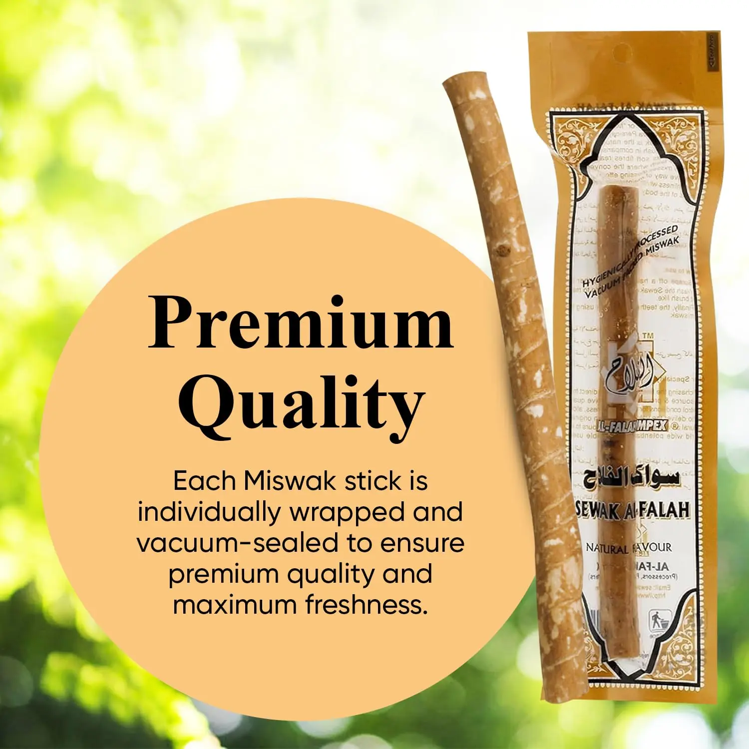 Ten Al Falah miswak sticks, a natural toothbrush alternative, vacuumed and packed for freshness.