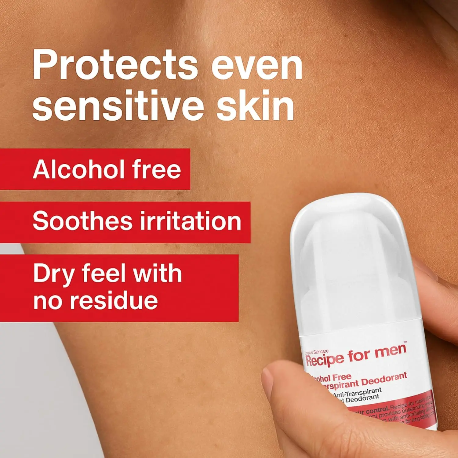 A clear roll-on alcohol-free deodorant for men with sensitive skin, offering long-lasting sweat and odor protection with a vegan, fragrance-free formula made in Sweden.