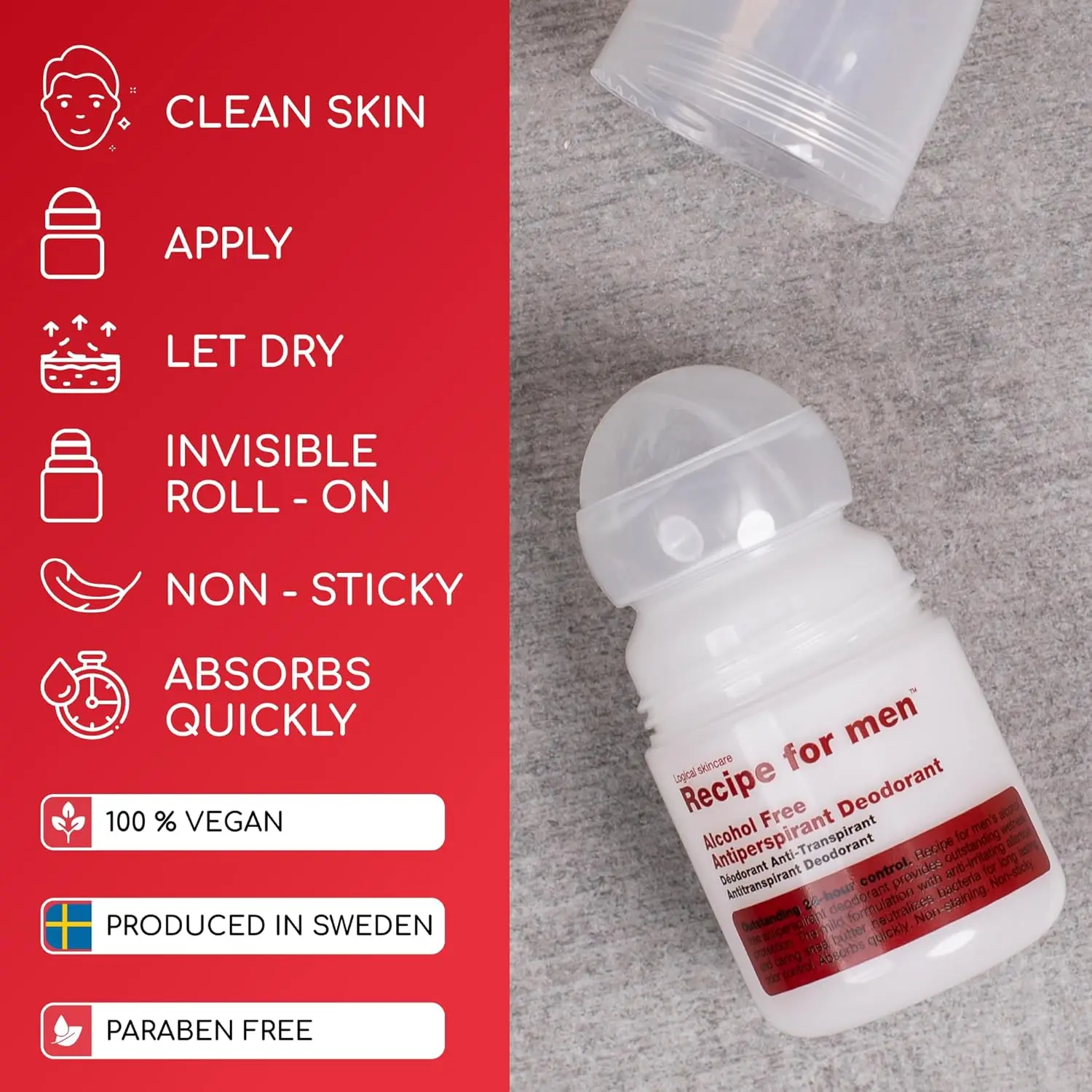 A clear roll-on alcohol-free deodorant for men with sensitive skin, offering long-lasting sweat and odor protection with a vegan, fragrance-free formula made in Sweden.