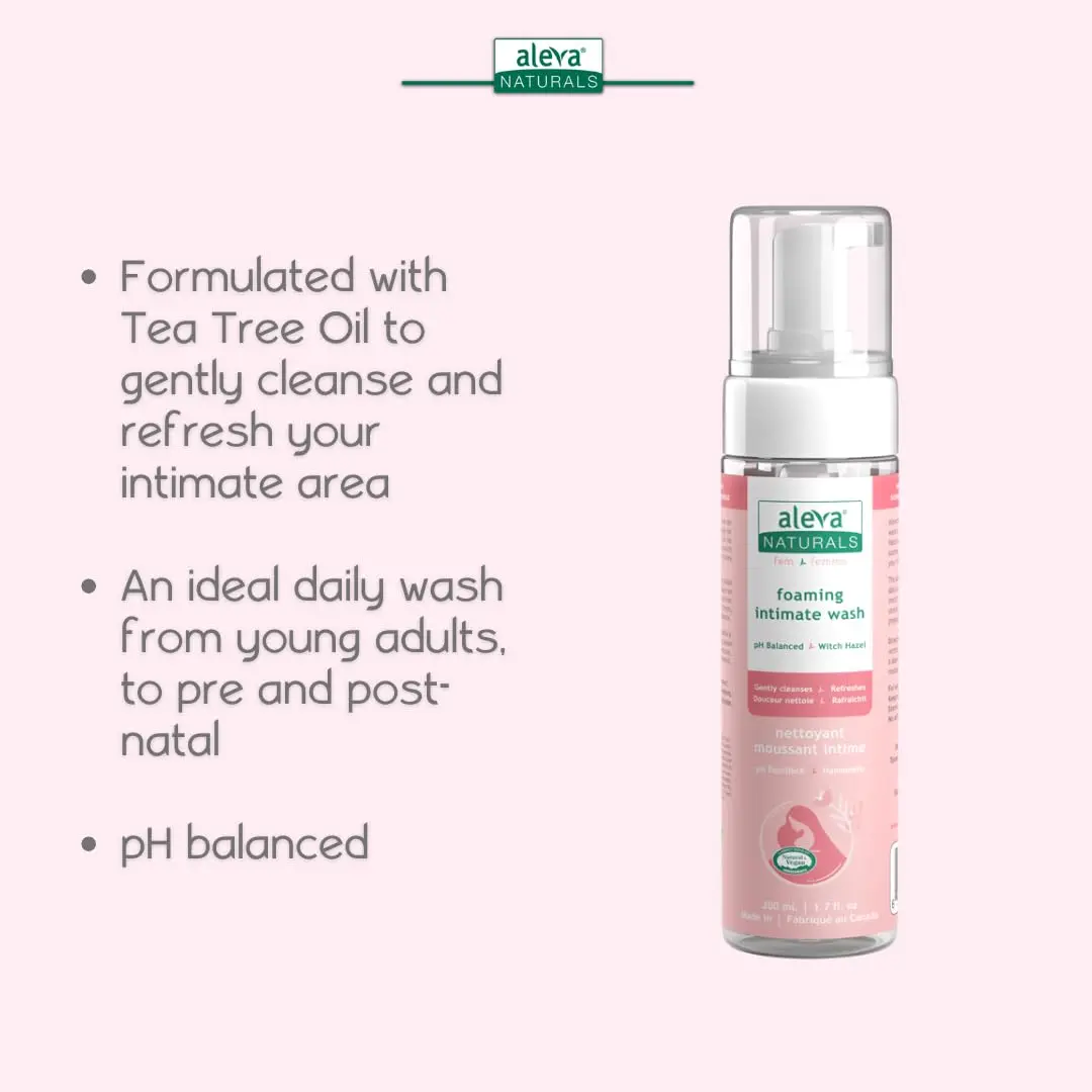 Aleva Naturals foaming feminine wash gently cleanses and refreshes sensitive skin with natural and vegan ingredients, perfect for daily use and post-natal care.