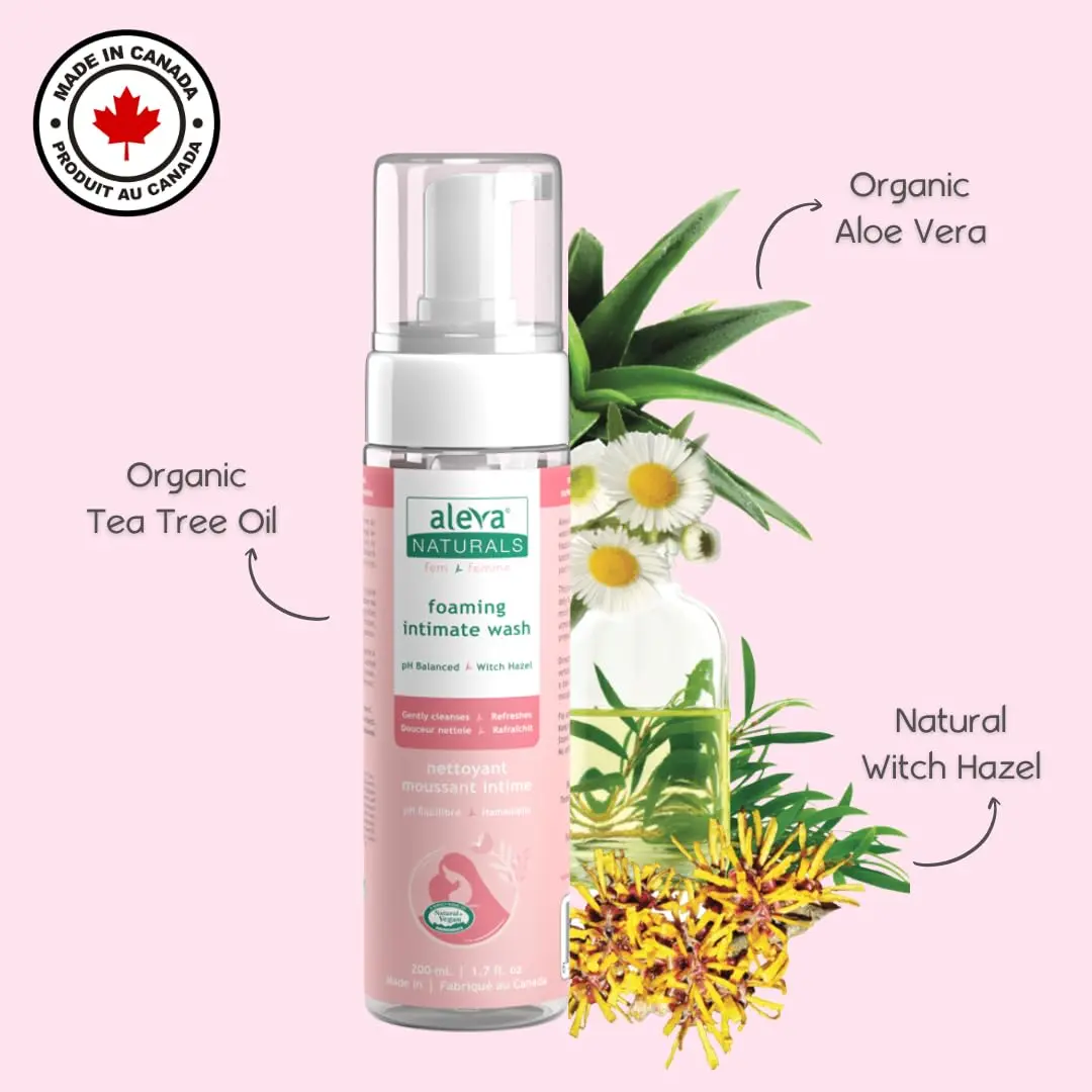 Aleva Naturals foaming feminine wash gently cleanses and refreshes sensitive skin with natural and vegan ingredients, perfect for daily use and post-natal care.