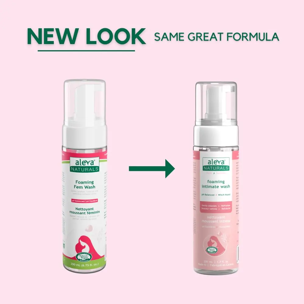 Aleva Naturals foaming feminine wash gently cleanses and refreshes sensitive skin with natural and vegan ingredients, perfect for daily use and post-natal care.