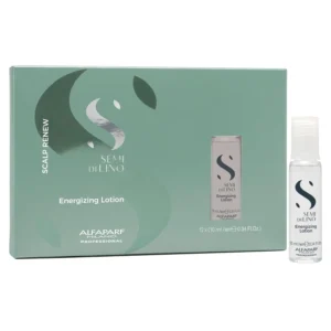 Alfaparf Milano Semi Di Lino Scalp Renew Energizing Lotion revitalizes thinning hair, strengthens hair fibers, and promotes scalp health with a color-safe, sulfate-free formula, packaged in vials for easy application.