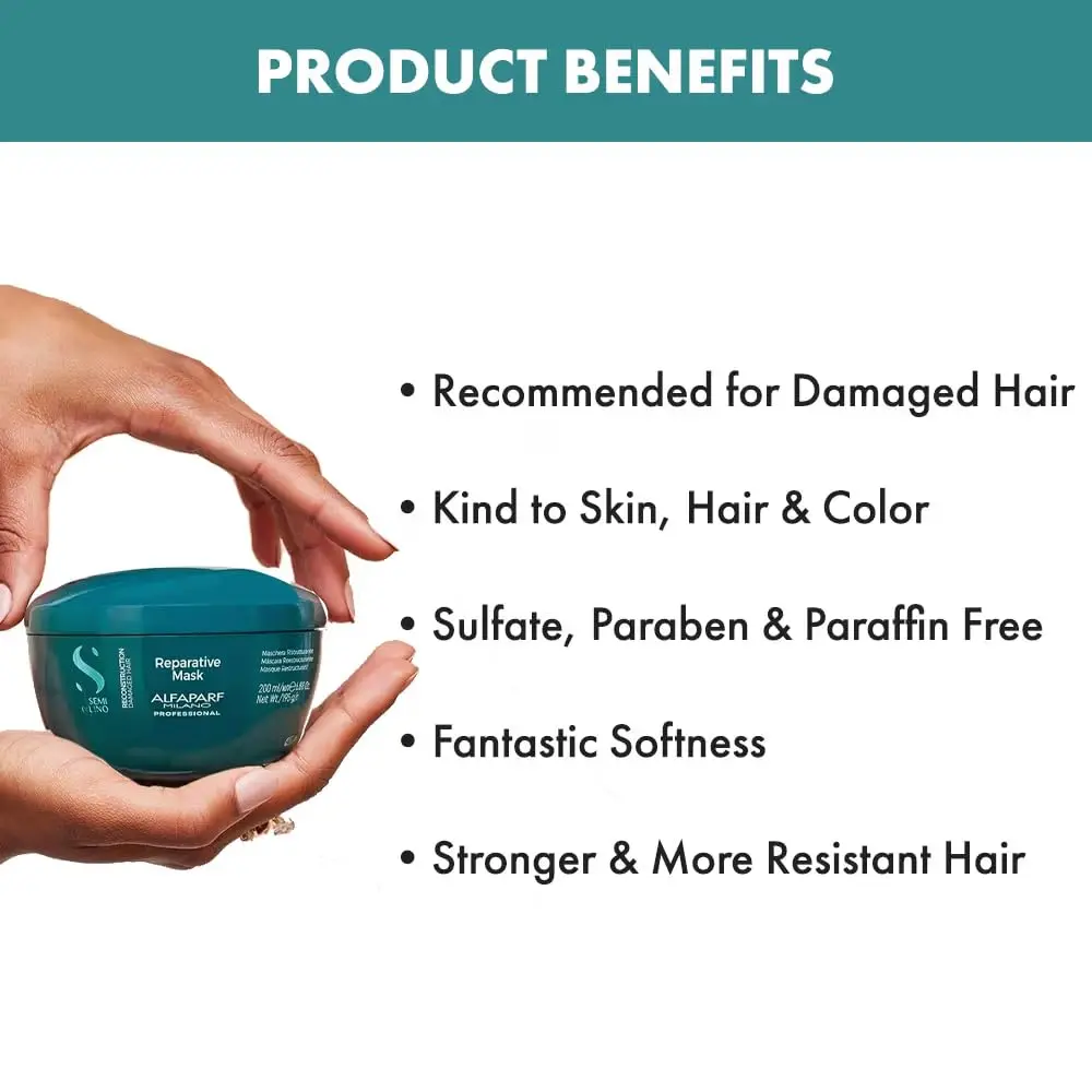 Alfaparf Milano Reconstruction Reparative Mask deeply nourishes and repairs damaged hair, increasing resistance to breakage.