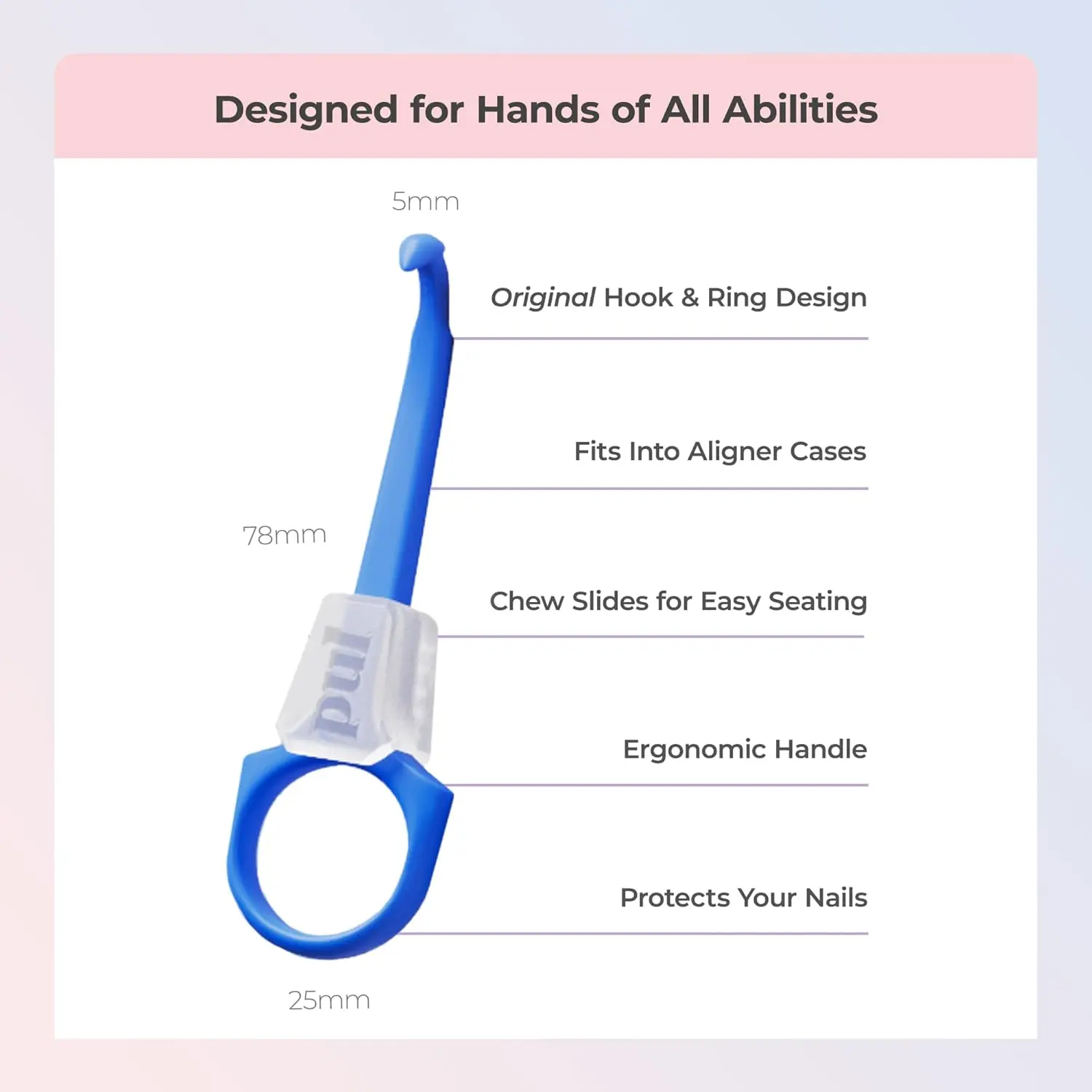 The PUL 2-in-1 aligner tool assists in seating Invisalign aligners and discreetly removing retainers and night guards, helping to keep teeth on track.