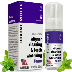 This is a 2-in-1 aligner cleaner and teeth whitening foam that effectively removes stains and freshens breath, perfect for Invisalign, retainers, and sensitive teeth.